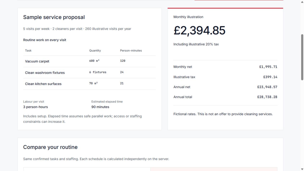 The Trilogy cleaning demo showing reviewed tasks and an illustrative monthly quotation